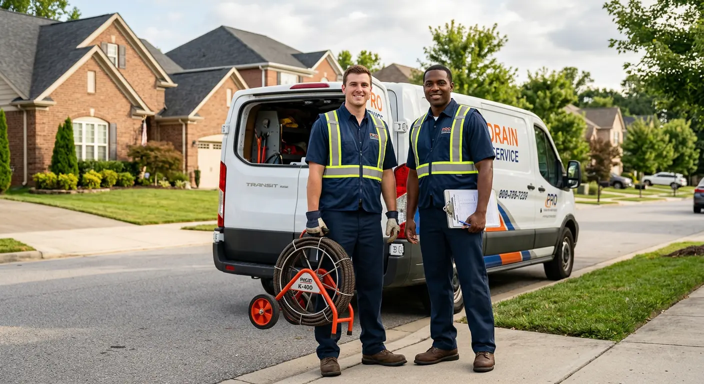 Sewer and drain service team with equipment ready for work in West Point