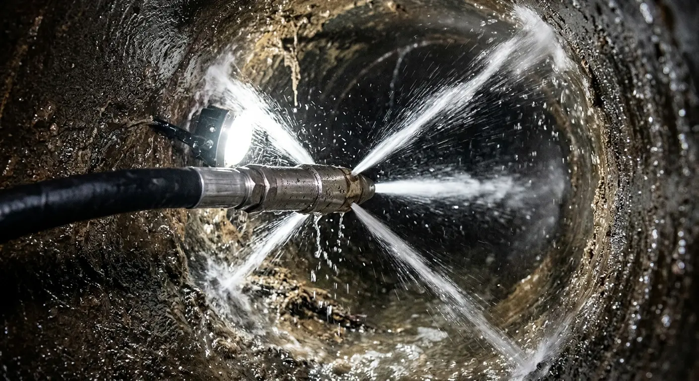 High-pressure hydro jetting nozzle cleaning sewer pipe for Emergency Drain Service in West Point