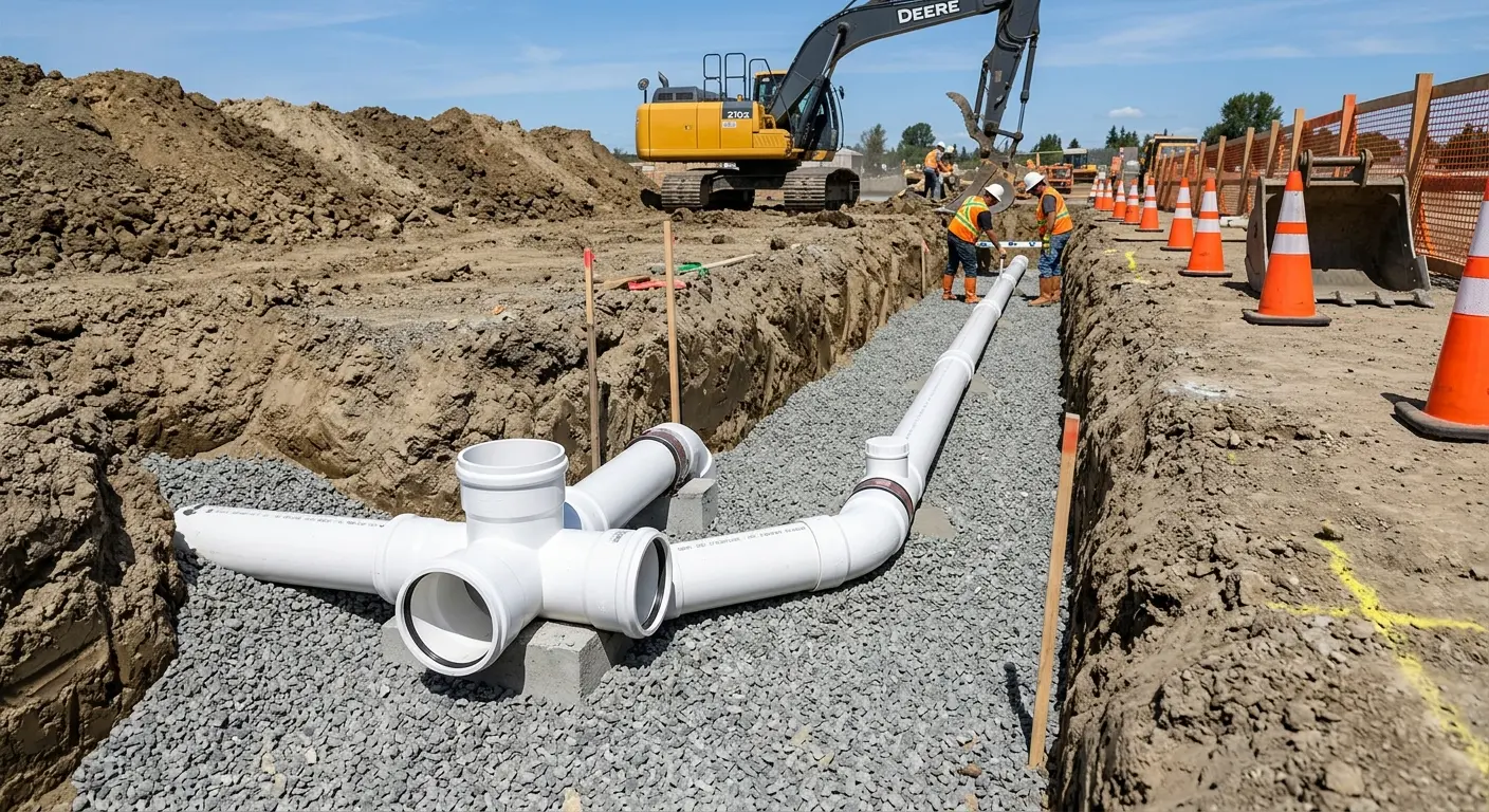New PVC sewer pipe installation in open trench for Commercial Drain Cleaning in West Point