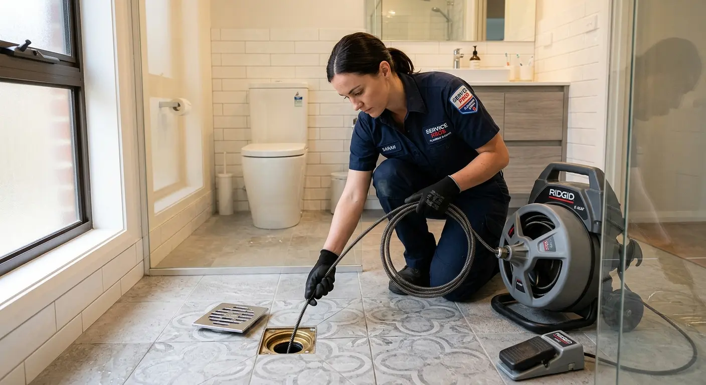 Technician clearing a bathroom floor drain for Drain Cleaning in West Point